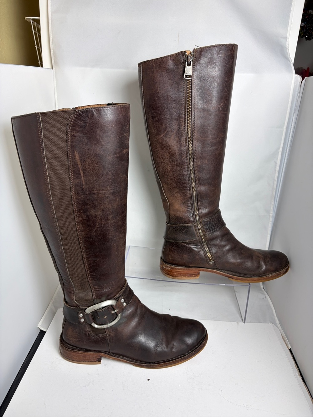 Fossil Brown Distressed Leather Knee-High Riding Boots Buckle Zip Plaid Line 8.5